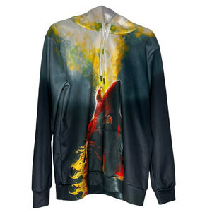 NEWCOSPLAY Men's Pullover Hoodie Size S/M w/Wolf Breathing Fire Front and Back
